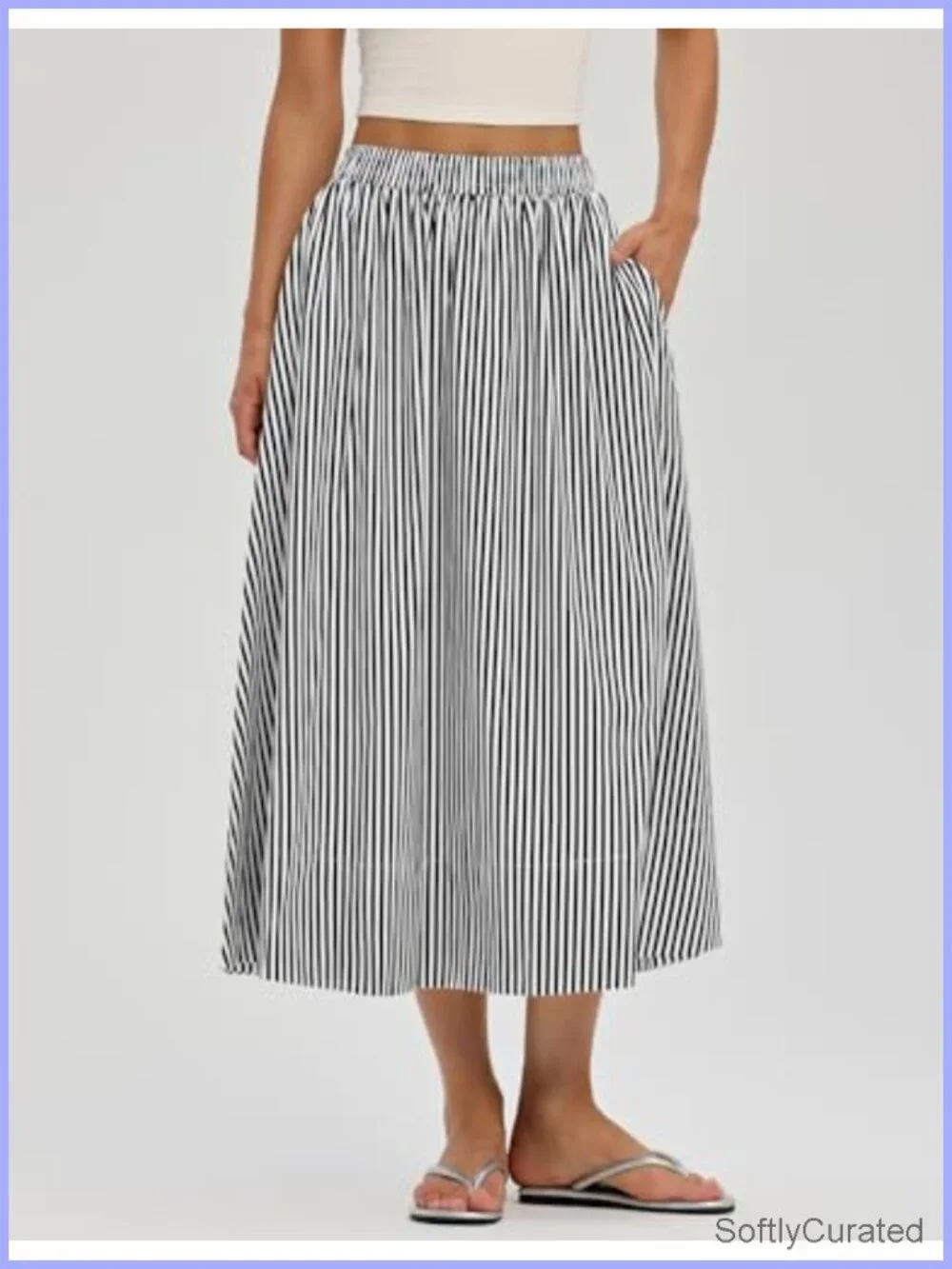 Women's A-Line Midi Skirt with Pockets Cotton Flowy Elastic Waist Summer Beach